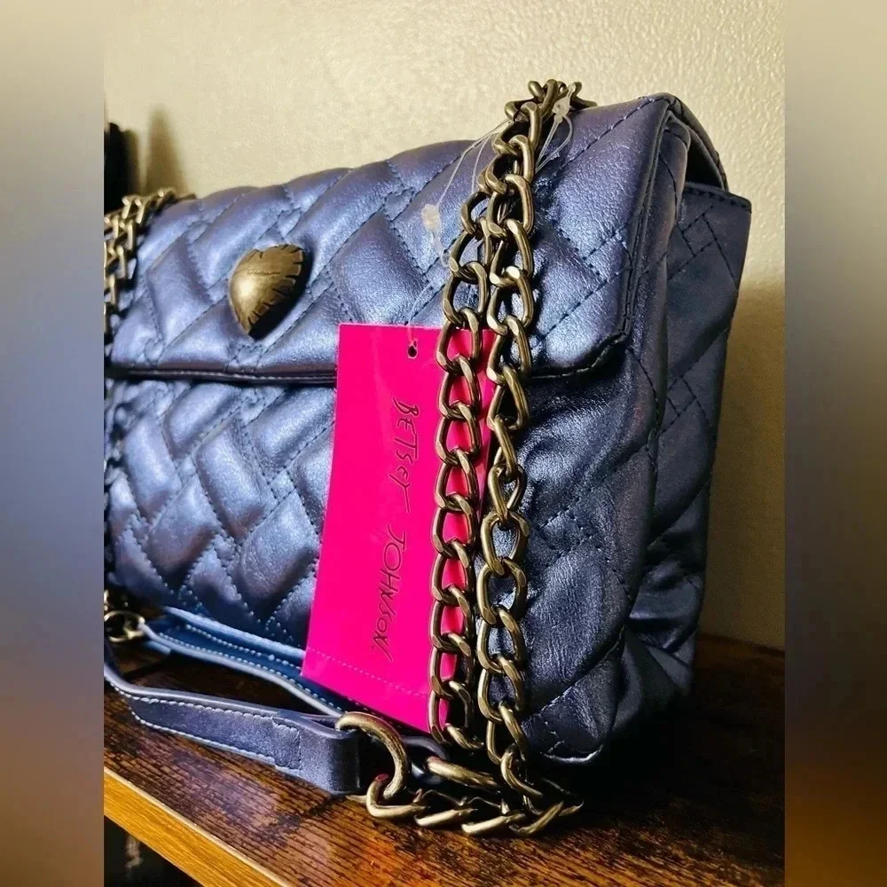 Betsey Johnson Xomaze Metallic Blue Quilted Shoulder Bag NWT